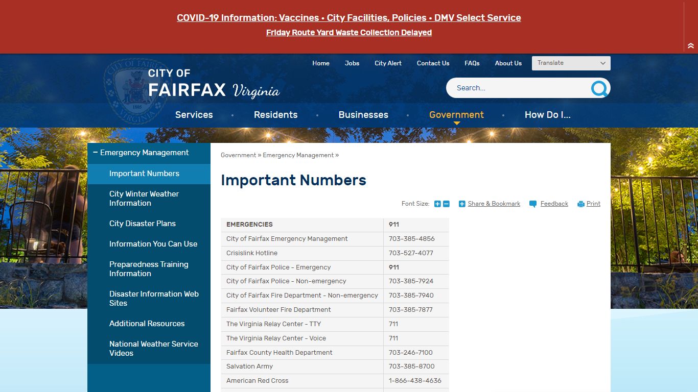 Important Numbers | City of Fairfax, VA